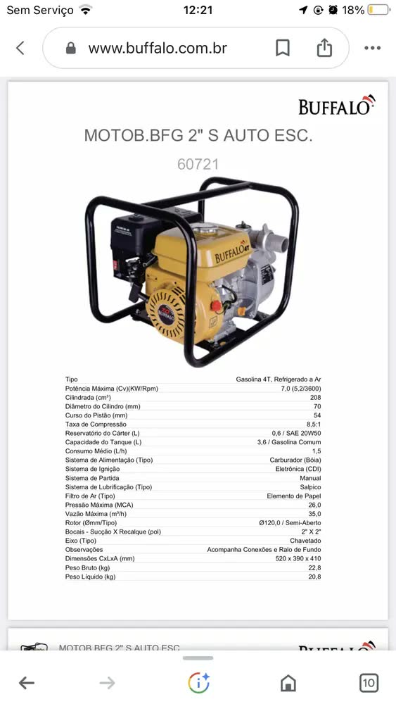 foto de Motobomba Gasolina Bfg 2 Auto Escorvante Pm 7cv Buffalo