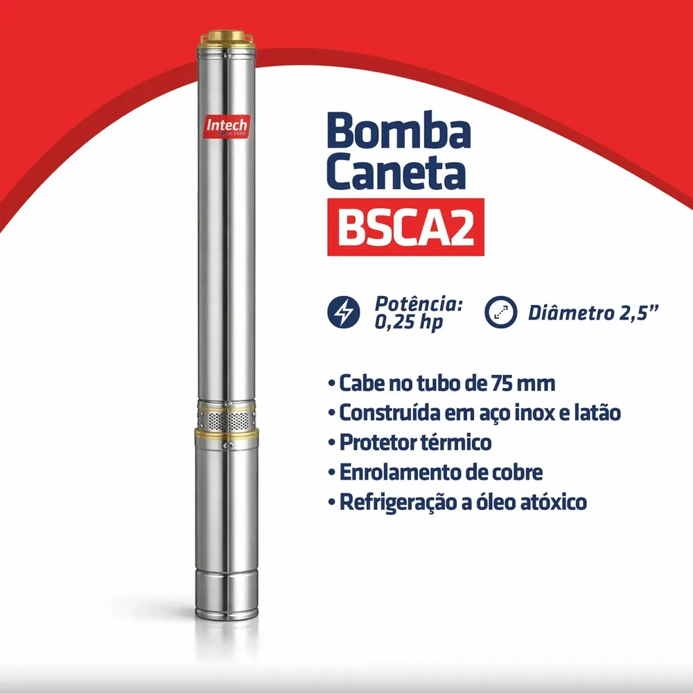 Bomba Submersa Caneta Intech Machine BSCA2 1/4 HP, para Poço Artesiano e Cisterna, de Água Limpa em Aço Inox com 2,5