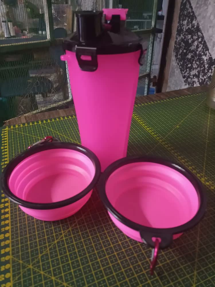 foto de Garrafa Dupla Água E Ração Comedouro Pets Com Pote Retrátil
