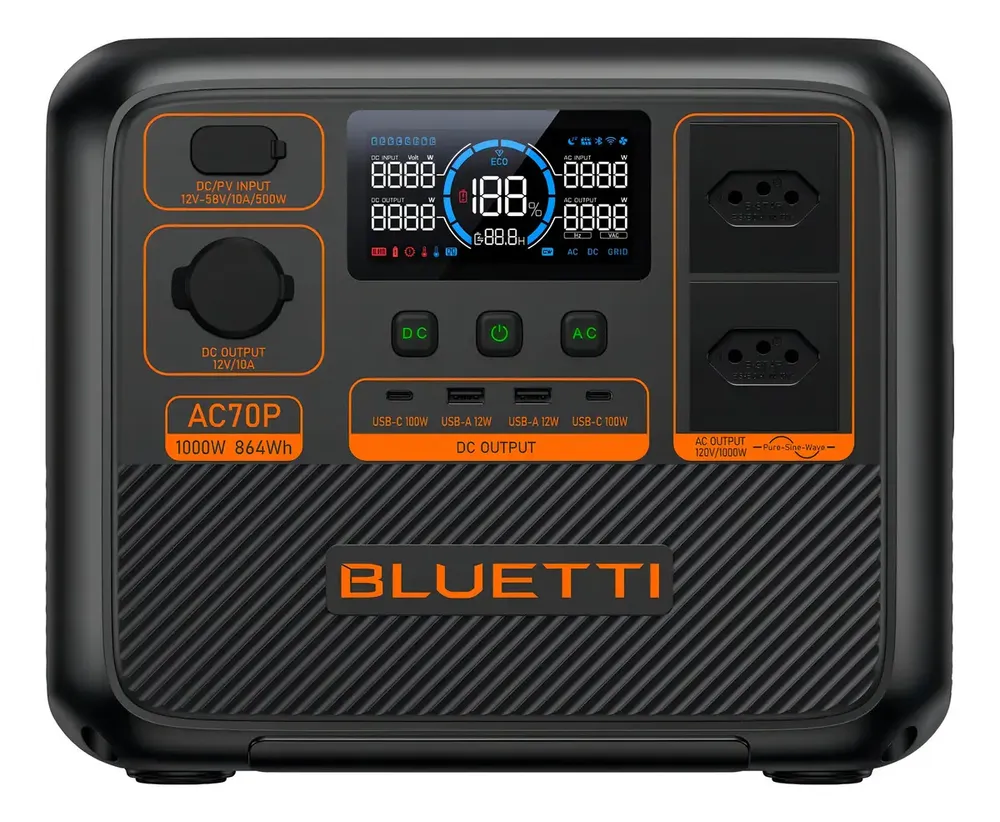 Estação de Energia Portátil Bluetti AC70P, 1000W, 864Wh, Bateria LiFePO4, Carregamento Turbo e Controle Via App 127V
