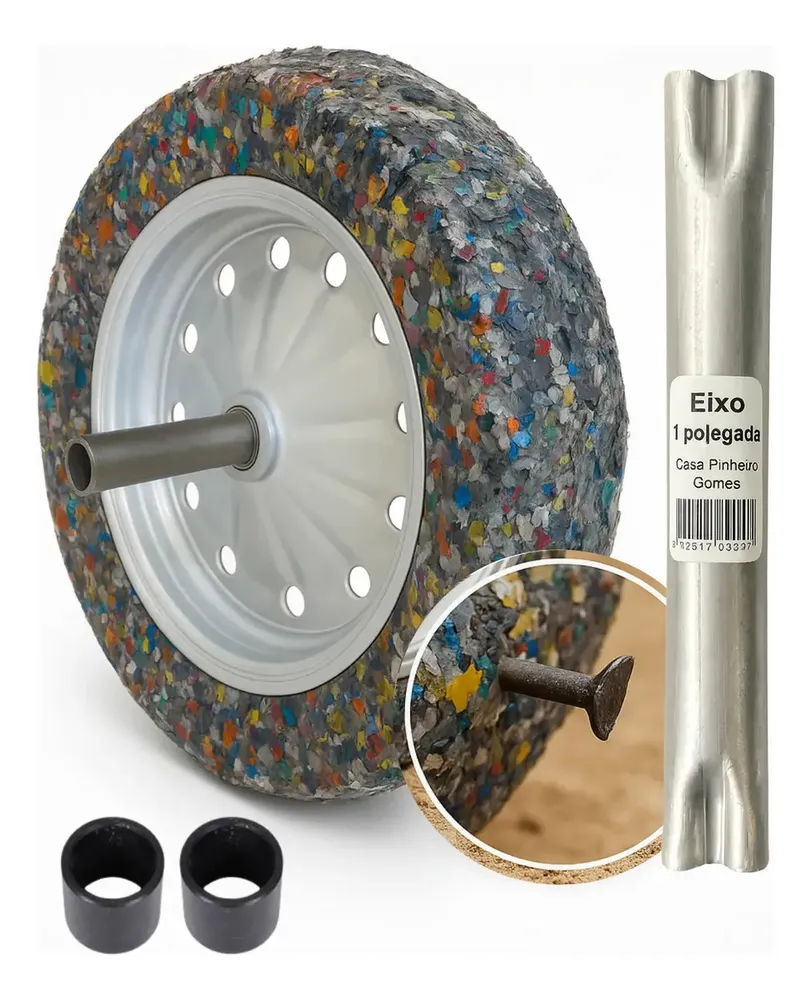 Roda Pneu Maciço Force + Eixo Carrinho De Mão 150kg 3.25x8 Galvanizado