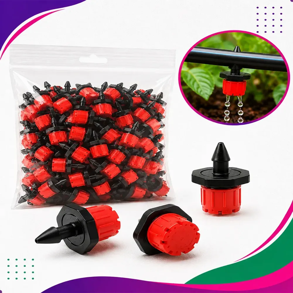 Kit Completo 100 Micro Gotejadores Reguláveis 4mm para Irrigação - Controle Individual de Vazão, Instalação Fácil sem Ferramentas, Ideal para Hortas, Jardins e Vasos - Economize até 70% de Água