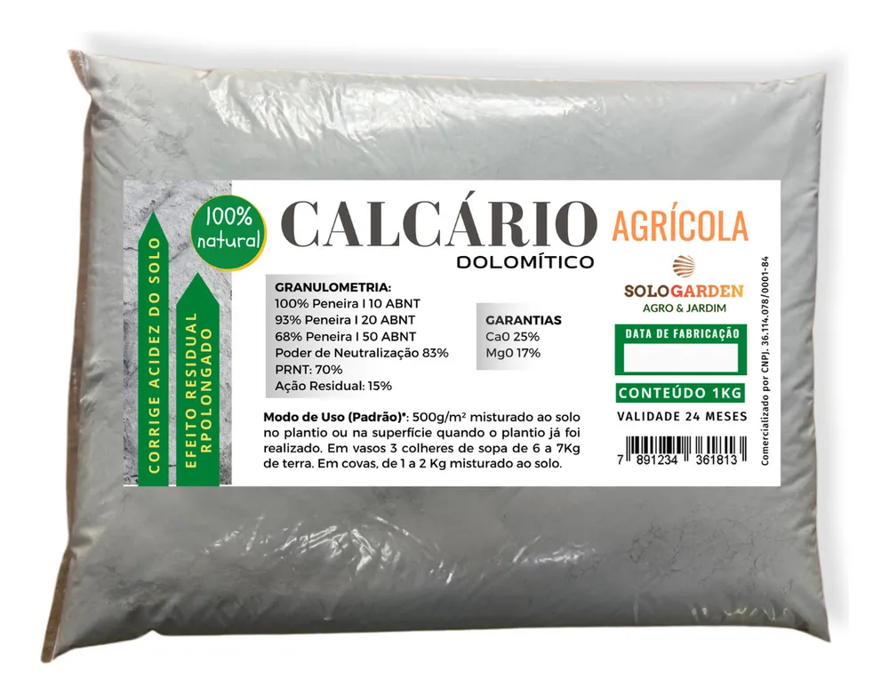 Calcário Dolomítico Natural 1kg Sologarden pH Solo Acidez Jardinagem