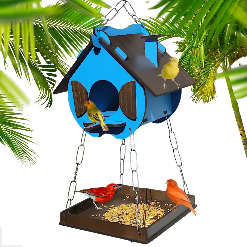 Comedouro Tratador Para Pássaros Livres Ecológico Mogno Mdf. Cor Azul