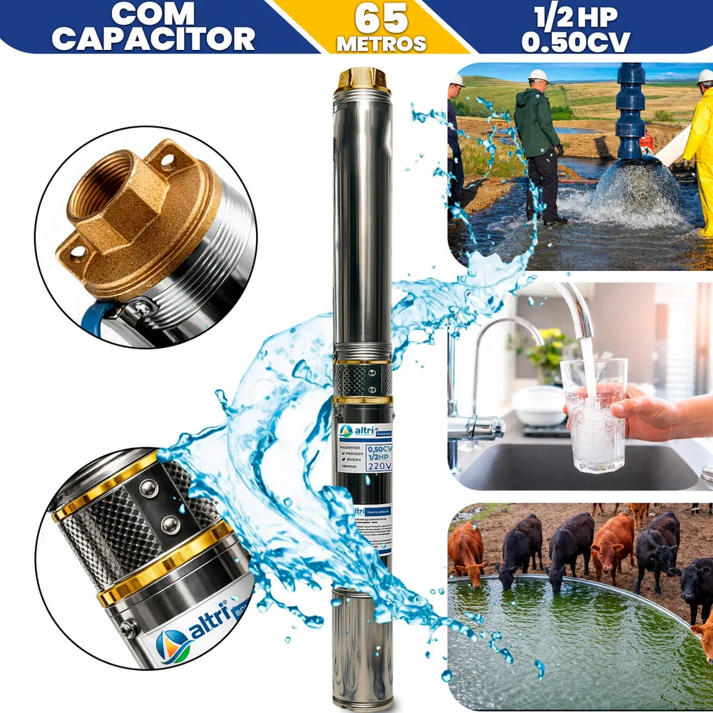 Bomba Submersível Caneta Palito 2.5Polegadas 0.5cv 1/2Hp Poço Artesiano 65m 3000L/h Água Fazenda Sítio Chácara Rio Cisterna