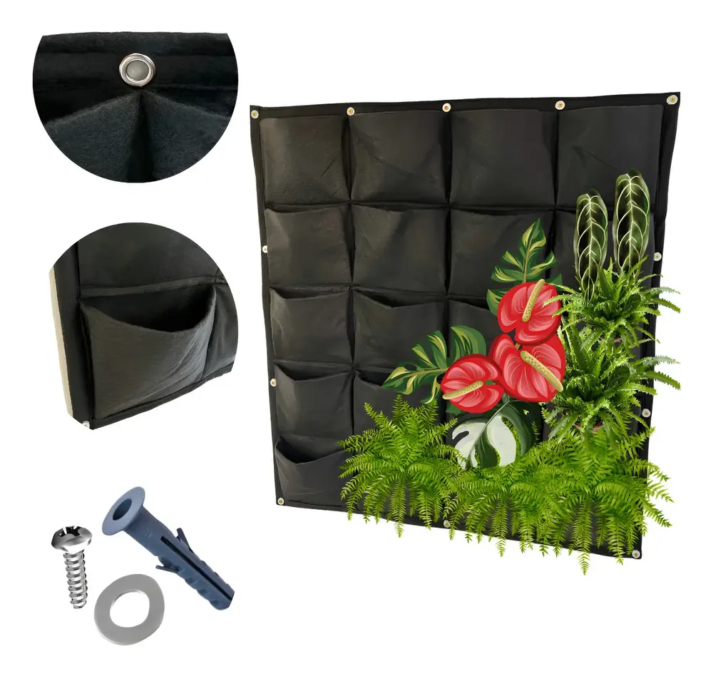 Parede Verde Em Feltro Plantas Naturais 1m X1m 20 Bolsos Natural Preto