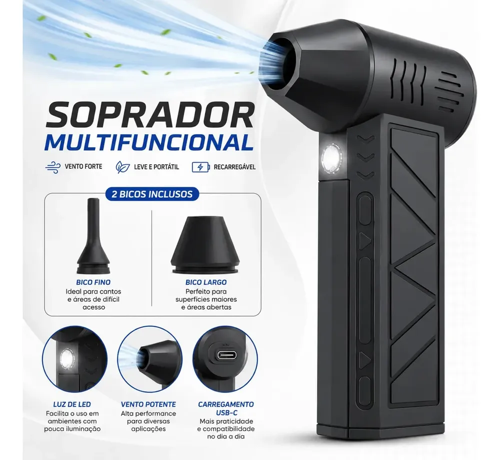 foto de Mini Soprador De Ar Turbo Sem Fio Recarregável USB Com LED Portátil Compacto Potente Ventilação Multiuso Para Limpeza De Notebook Computador Teclado Carro Eletrônicos Poeira - Shokki
