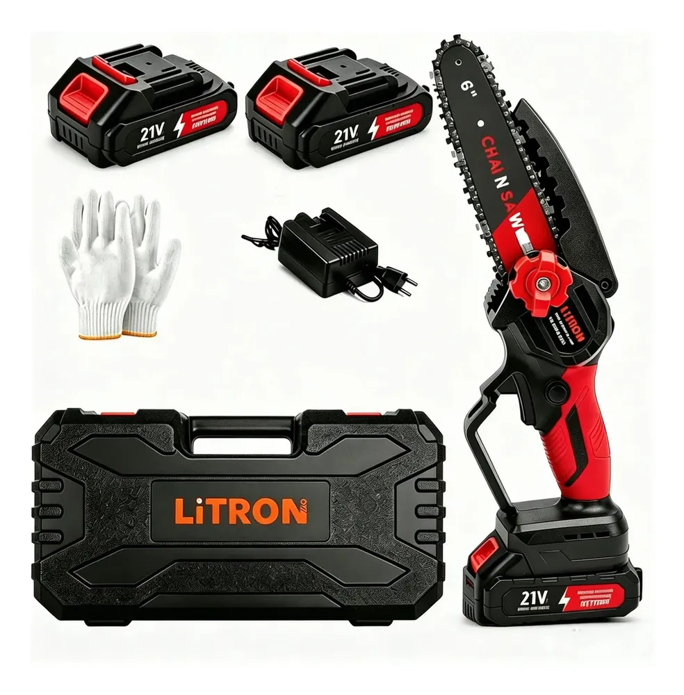 foto de Mini Motosserra Elétrica Portátil 6 Polegadas 21v Duas Baterias Recarregável Serra De Poda Para Jardim E Árvores