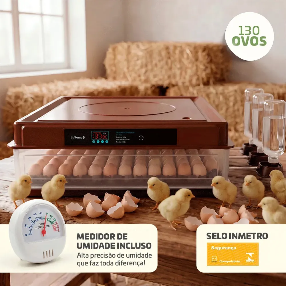 Chocadeira Incubadora 130 Ovos Bivolt Certificada Inmetro Automática Profissional Beltempo BT-400 Marrom