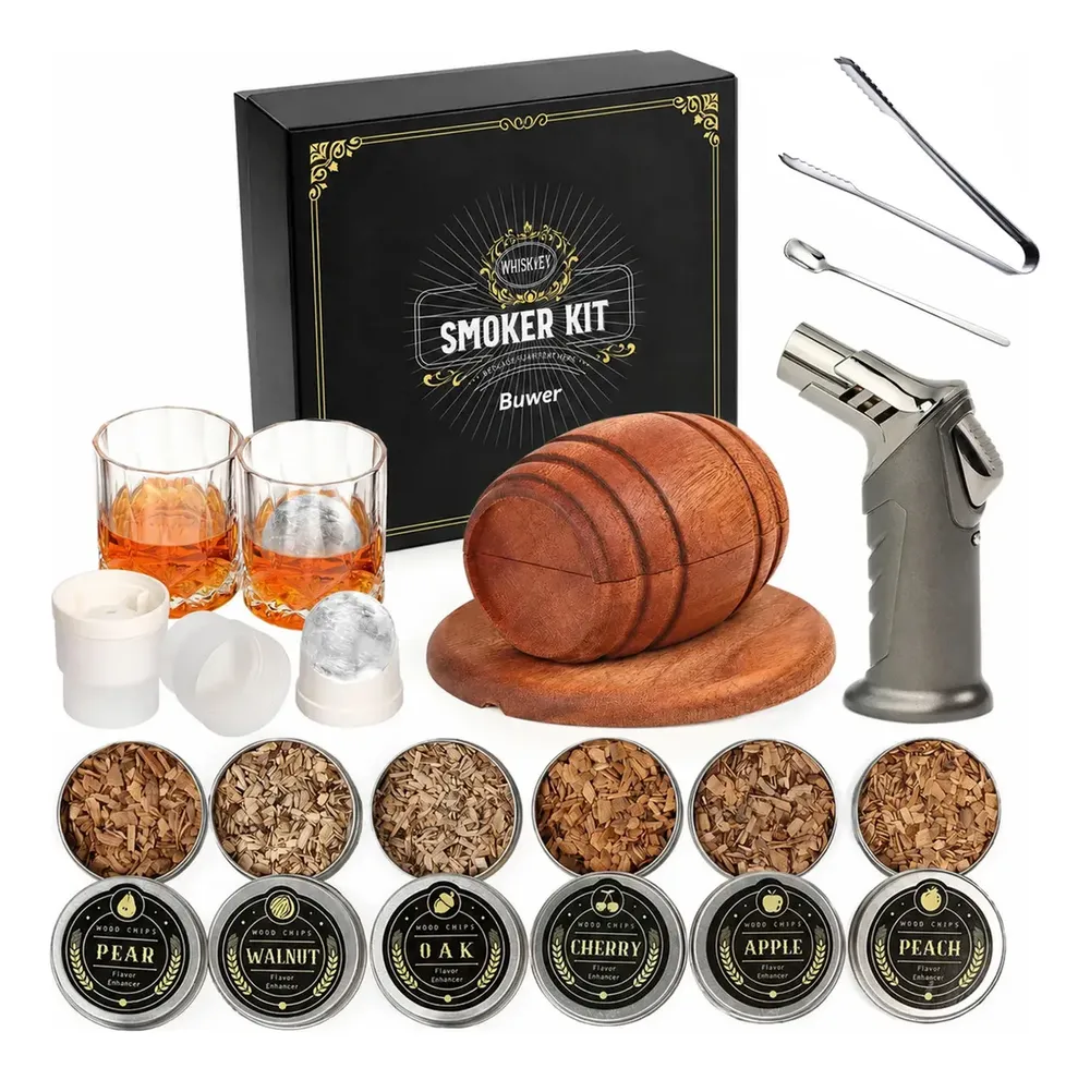 foto de Kit Defumador Whisky Coquetel Com Maçarico E Copos De Whisky - Lascas De Madeira Sabores Maçã, Pêssego, Cereja, Noz, Carvalho E Pera - Esferas De Gelo - Edição Premium Profissional, Ideal Para Present