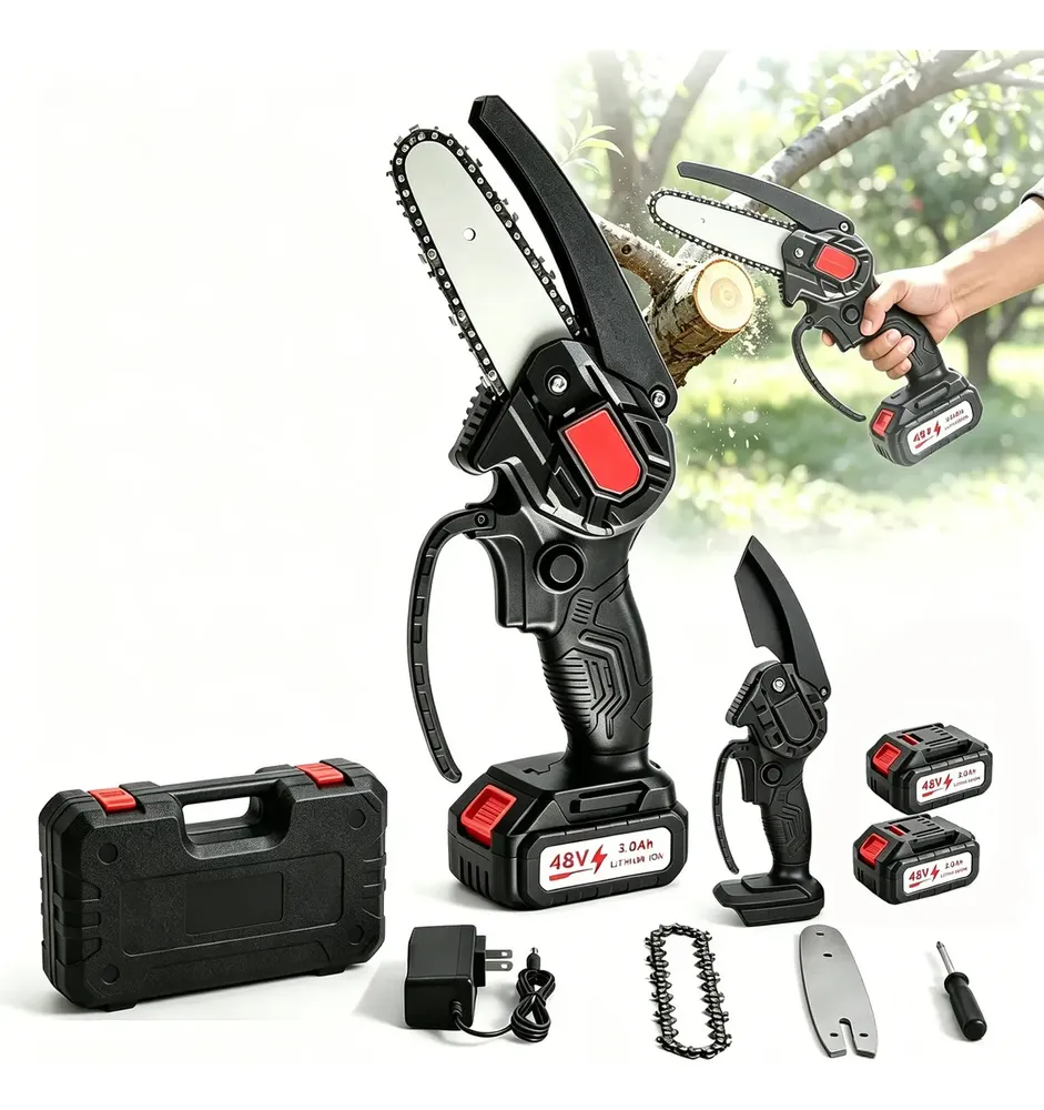 foto de Motosserra Eletrica A Bateria 48v Litio 4 Polegadas Com Case 2 Baterias Mini Serra Portatil Para Podar Arvores E Cortar Lenha